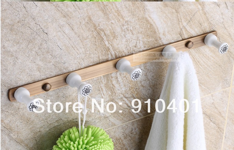 Wholesale And Retail Promotion NEW Antique Brass Ceramic Flower 5 Pegs Wall Mounted Towel Coat Hook & Hangers
