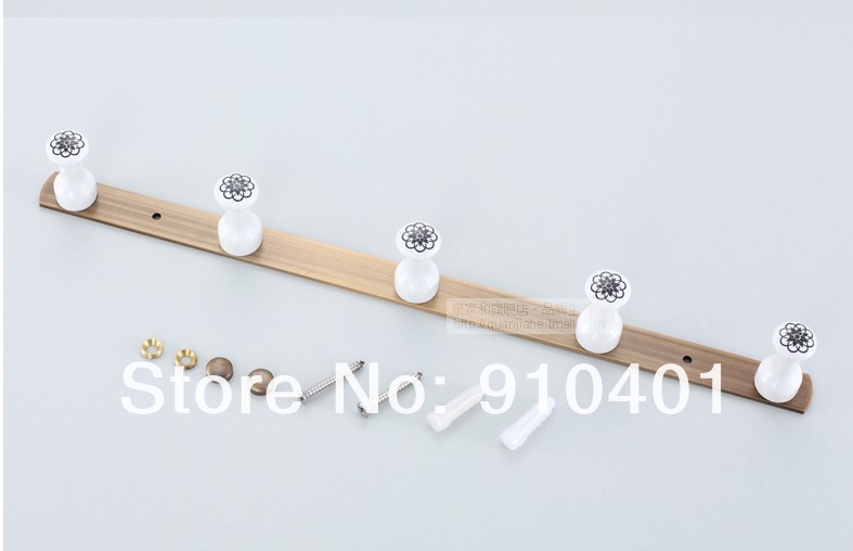 Wholesale And Retail Promotion NEW Antique Brass Ceramic Flower 5 Pegs Wall Mounted Towel Coat Hook & Hangers