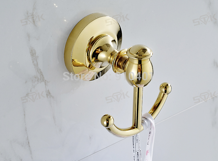 Wholesale And Retail Promotion Wall Mounted Bathroom Accessories Golden Brass Coat Hat Towel Hooks Dual Hangers