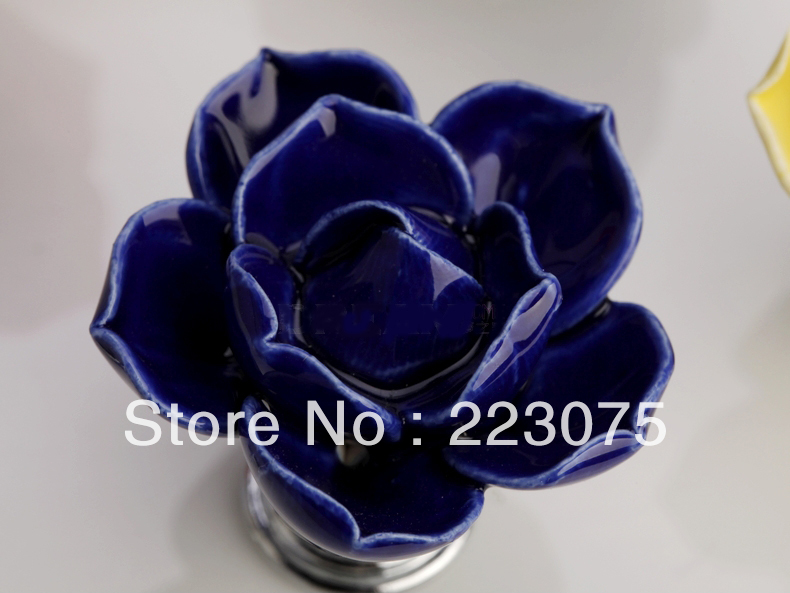 D 45mm Blue Lotus Flower Ceramic Cabinet Drawer Pull Dresser Pull