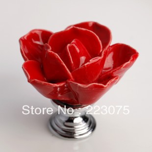 -D:45MM red lotus flower ceramic Cabinet DRAWER Pull Dresser pull/ Kitchen knob door handel with screw 10pcs/lot