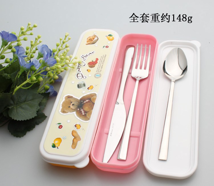 1 Set Portable Stainless Steel  CutleryKnife Fork & Spoon Three-piece Suit Children Cute Box