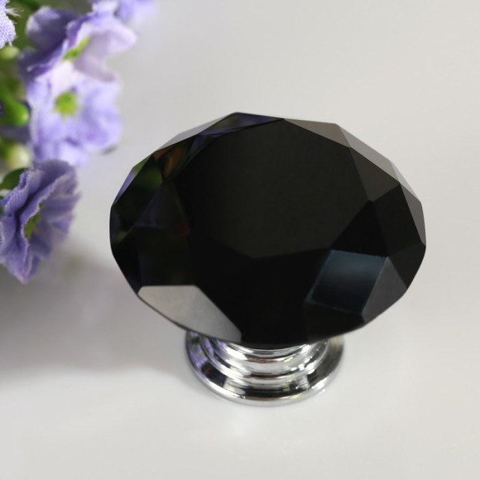 Diamond Shaped Black Glass Crystal Cabinet Pull Drawer Handle Kitchen Door Knob Home Furniture Knob 1PCS Diameter 40mm
