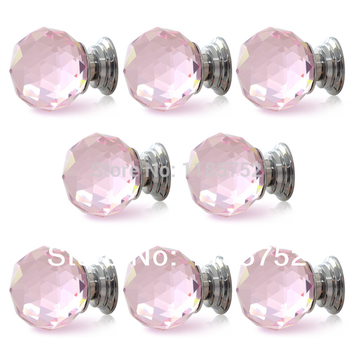 Free Shipping 1PCS Diameter 30mm Sparkle Pink Glass Crystal Cabinet Pull Drawer Handle Kitchen Door Wardrobe Cupboard Knob