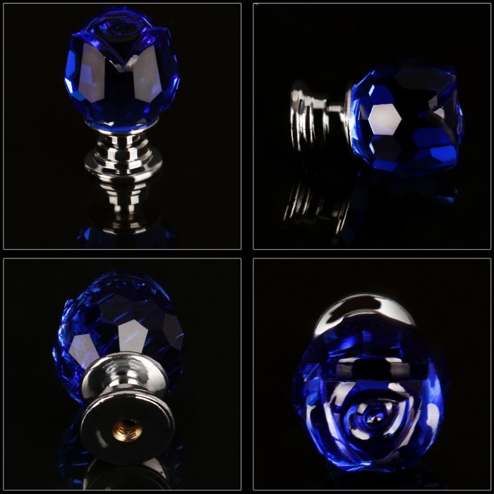 Rose Shaped Glass Crystal Cabinet Pull Drawer Handle Kitchen Door Knob Home Furniture Knob 1PCS Diameter 20mm Blue