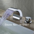 Classic Luxury 3pcs solid brass waterfall bathroom tub faucet double circle handles with color changing