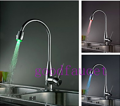 Color Changing Single Handle LED Kitchen Faucet Centerset Vessel Sink Mixer Tap Chrome Finish Swivel Spout Tap