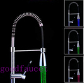 Color changing led light kitchen bar faucet pull out vessel spring mixer hot and cold chrome finish brass tap