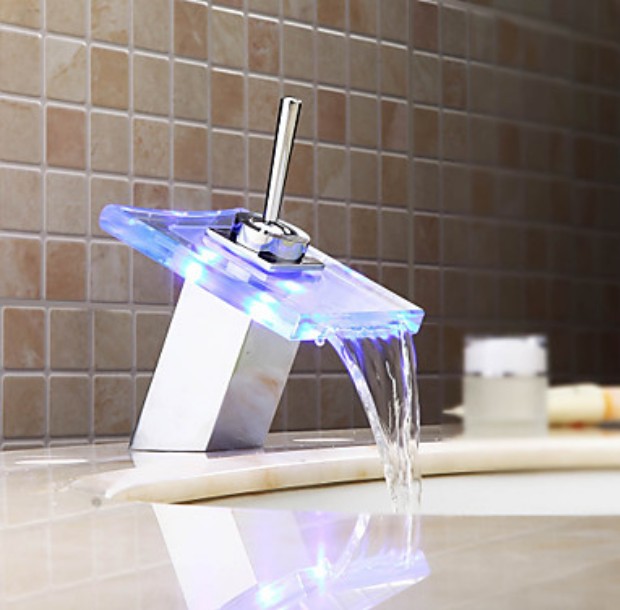 Contemporary Promotion LED Color Changing Deck Mounted Waterfall Bathroom Basin Faucet Sinlge Handle