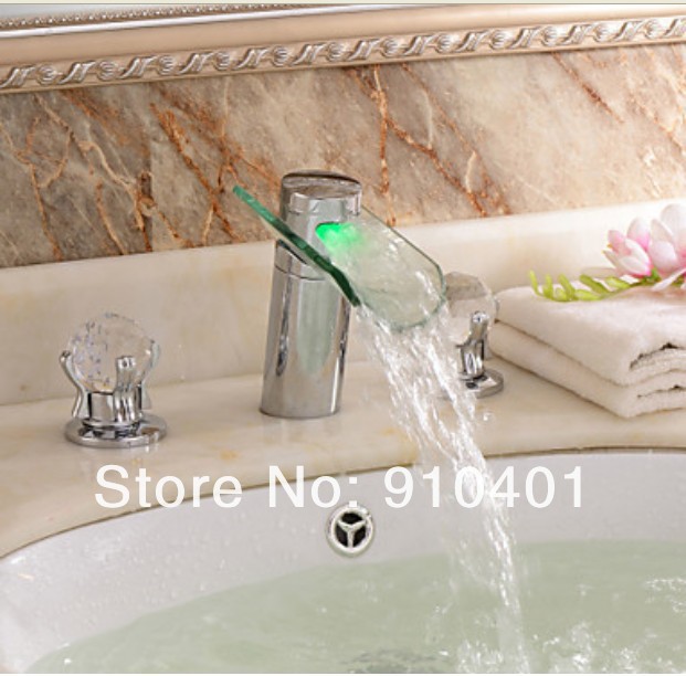 Contemporary Promotion Luxury LED Widespread Waterfall Bathroom Basin Faucet Dual Crystal Handles Mixer