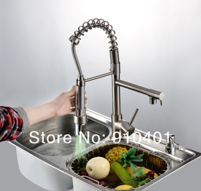 Factory direct sell!Contemporary kitchen faucet spring brass sink mixer tap 2 spouts with color changing (Brushed Nickle)