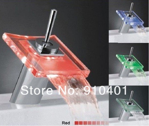 Hot SaleGlass Waterfall LED  Basin Faucet Bathroom Sink Mixer Chrome Finish Color Changing TAP ROS6666-S1