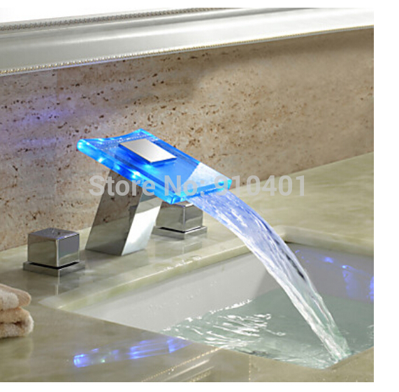 Wholesale And Retail Promotion Luxury LED Color Changing Waterfall Bathroom Basin Faucet Dual Handles Mixer Tap