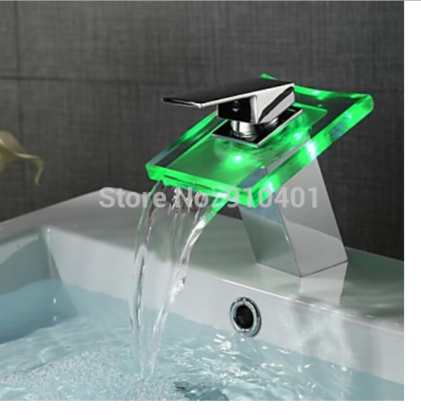Wholesale And Retail Promotion NEW Deck Mounted LED Waterfall Bathroom Basin Faucet Glass Spout Sink Mixer Tap