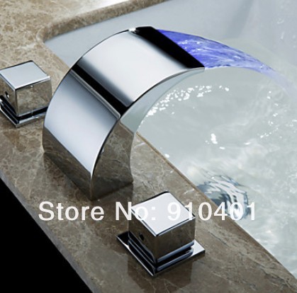 Wholesale/ Retail Luxury Bathroom Waterfall LED Faucet Deck Mounted Double Handles Mixer Tap Polish Chrome Faucet