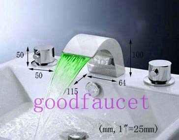 Wholesale bathroom waterfall LED faucet polish chrome basin vessel sink mixer tap dual handle sink mixer 3 color