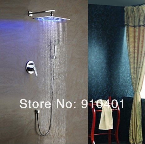 Color Changing Wall Mounted Rain Shower Set Faucet 8"Shower Head Arm Control Valve Handheld Sprayer LED Light