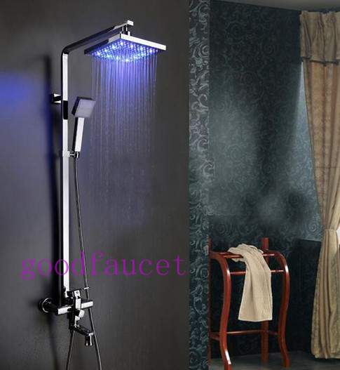Color changing LED rain shower set 8" shower head with handy unit tap hand shower with adjustable slide bar