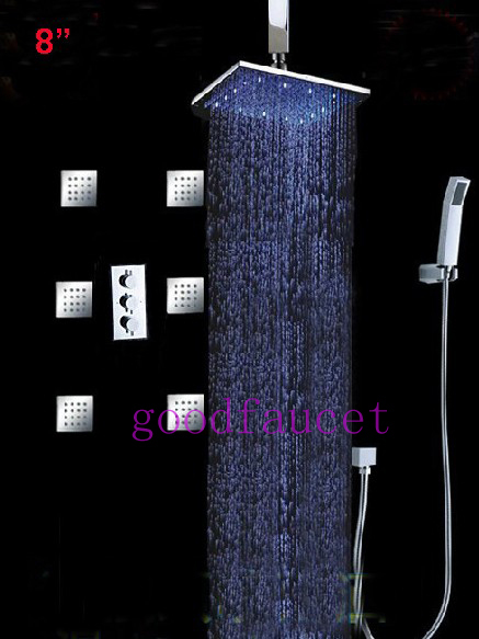 Wholesale / Retail Ceiling Mounted 8"LED Thermostatic Shower Faucet Set W/ 6 Massage Jets Chrome Finish Mixer Tap