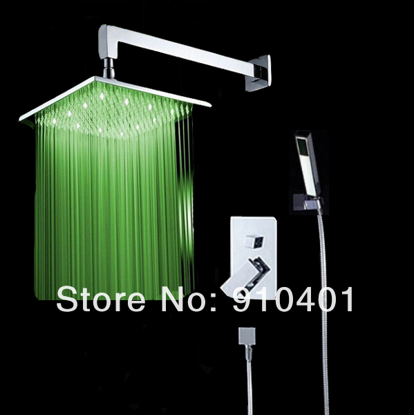 Wholesale And Retail Promotion LED Colors 12" Brass Square Rain Shower Faucet Set Shower Mixer Tap Hand Shower