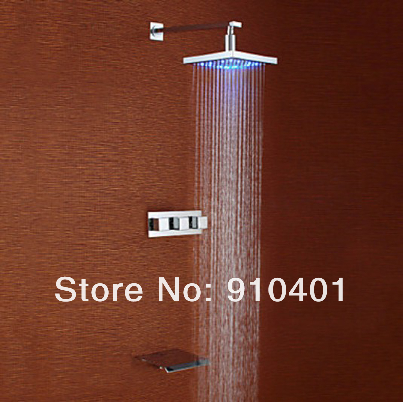 Wholesale And Retail Promotion Led Colors Bathroom 8" Square Rain Shower Faucet Set W/ Waterfall Tub Mixer Tap
