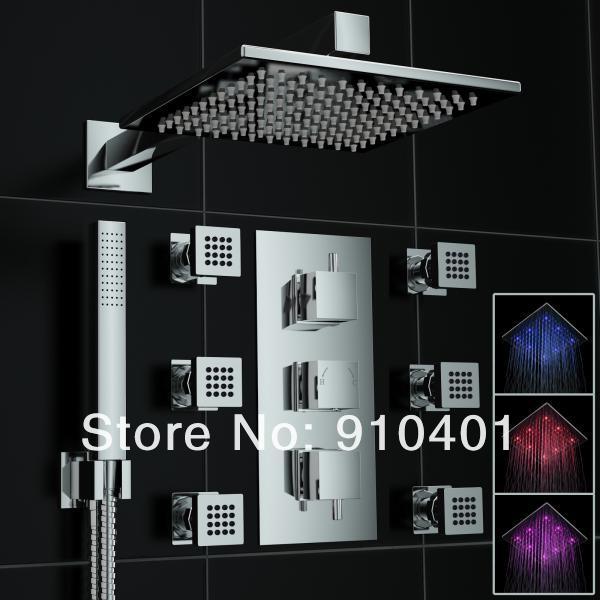 Wholesale And Retail Promotion NEW LED Thermostatic 12" Solid Brass Shower Faucet Set Jets Sprayer Hand Shower