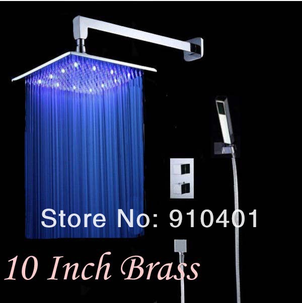 Wholesale And Retail Promotion NEW Polished Chrome 10" Square Rain LED Thermostatic Shower Faucet Set Mixer Tap