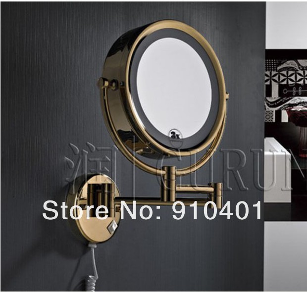 Wholesale And Retail Promotion  LED Golden Wall Mounted Bathroom Dual Side Magnifying Makeup Mirror Fold Mirror