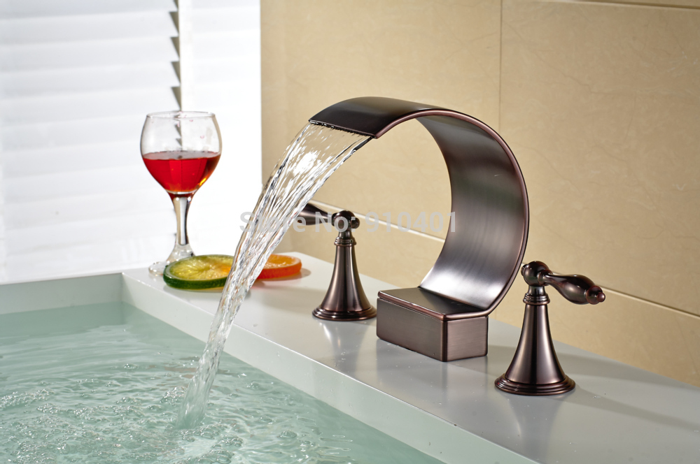 Wholesale And Retail Promotion Deck Mounted Oil Rubbed Bronze Waterfall Bathroom Sink Faucet Tub Mixer Tap 3PCS
