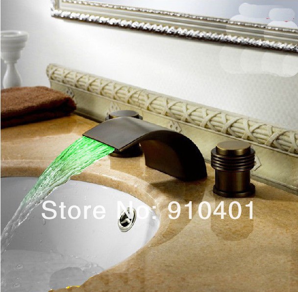 Wholesale And Retail Promotion LED Color Changing Oil Rubbed Bronze Waterfall Bathroom Basin Faucet 2 Handles