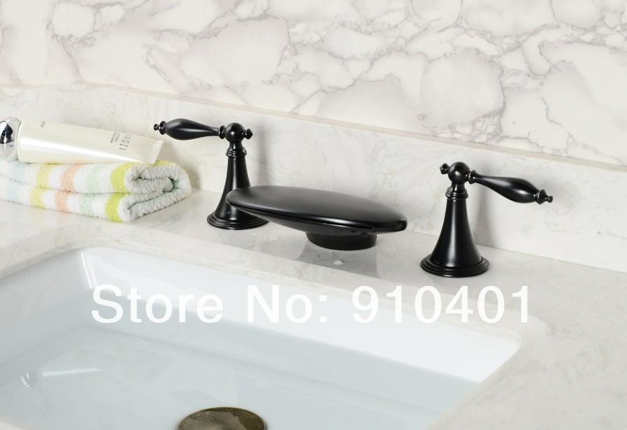 Wholesale And Retail Promotion NEW Deck Mounted Oil Rubbed Bronze Waterfall Bathroom Basin Faucet Dual Handles