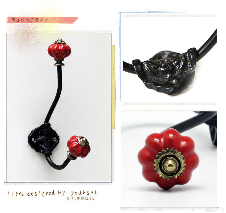5Pcs Household Goods Color Pumpkin Ceramic Black Wrought Iron Hanging Coat Hat Hook And Peg