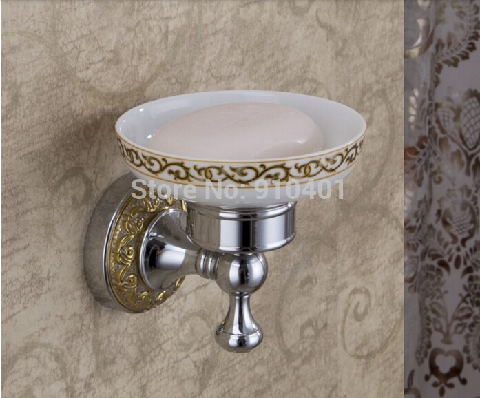 Wholesale And Retail Promotion Luxury Embossed Art Wall Mounted Soap Dish Holder With Ceramic Dish Chrome Brass