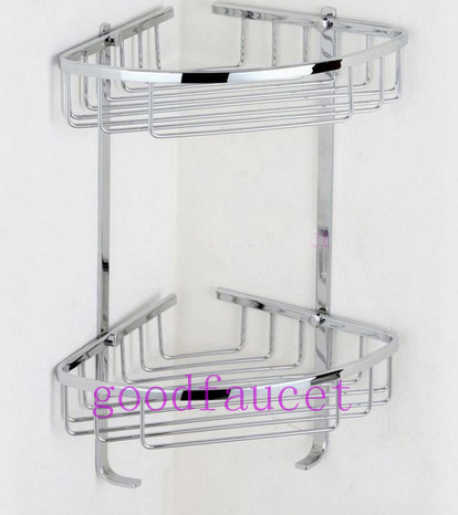 NEW bathroom vanity wall mounted shower basket stainless steel polish chrome finish double shelves w/ 2 hooks