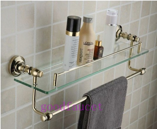 Wholesale / Retail Promotion Luxury Wall Mounted Golden Finish Bathroom Shelf Bath Holder Racks W/ Towel Rack