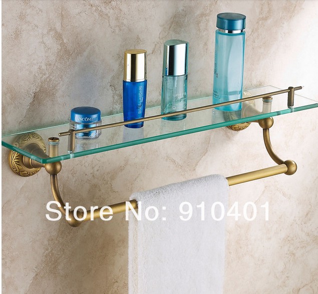Wholesale & Retail Promotion NEW Antique Brass Bathroom Shelf Shower Caddy Glass Tier With Towel Bar Holder