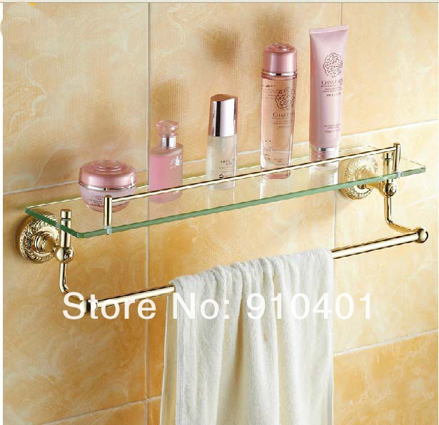 Wholesale / Retail Promotion NEW Gold Finish Wall Mounted Brass Bathroom Shelf Cosmetic Rack Dual Tiers Shelf