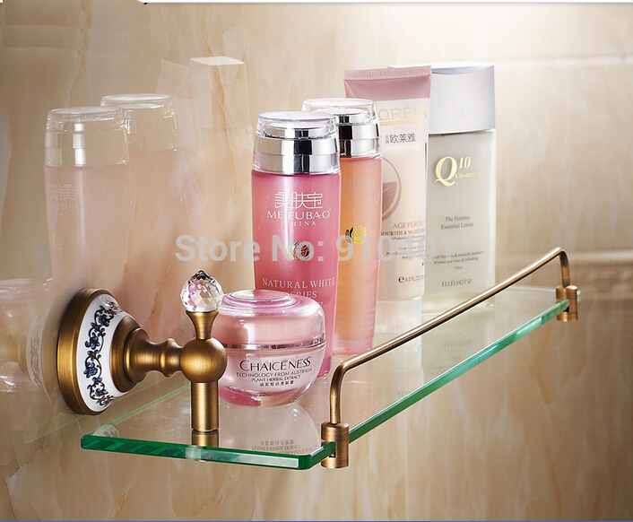Wholesale And Retail Promotion Antique Brass Bathroom Shelf Wall Mounted Caddy Cosmetic Storage Holder Crystal