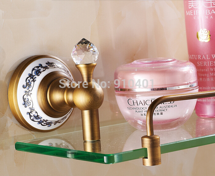 Wholesale And Retail Promotion Antique Brass Bathroom Shelf Wall Mounted Caddy Cosmetic Storage Holder Crystal