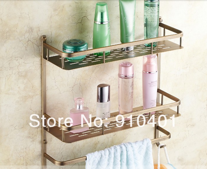 Wholesale And Retail Promotion Antique Brass Bathroom Shower Caddy Cosmetic Shelf Basket Shelf Towel Bar Hooks