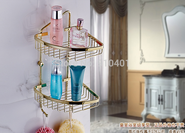 Wholesale And Retail Promotion  Golden Brass Bathroom Corner Shelf Bath Shower Cosmetic Caddy Storage Dual Tiers