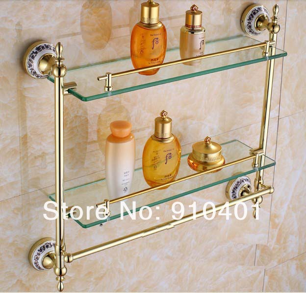 Wholesale And Retail Promotion Golden Brass Wall Mounted Bathroom Shelf Dual Tiers Shower Storage Rack Holder