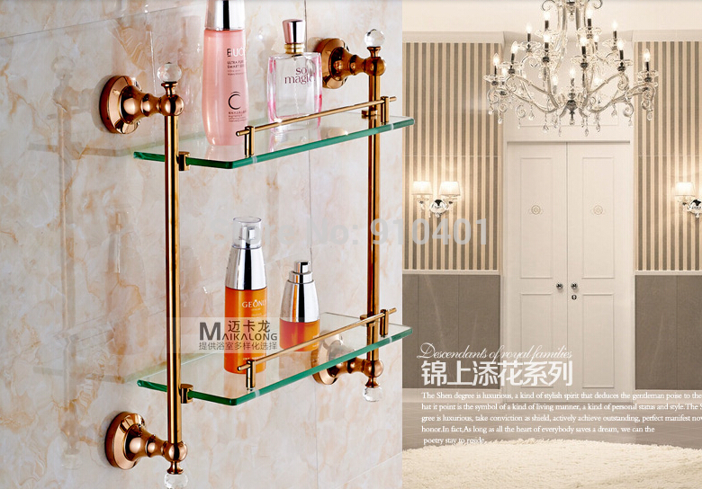Wholesale And  Retail Promotion Modern Rose Golden Brass Bathroom Shelf Dual Tiers Caddy Storage Crystal Hangers