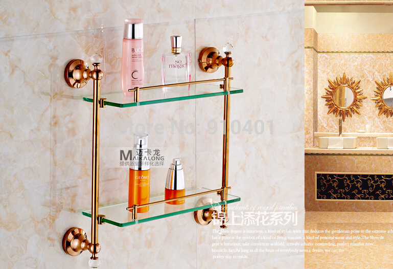 Wholesale And  Retail Promotion Modern Rose Golden Brass Bathroom Shelf Dual Tiers Caddy Storage Crystal Hangers