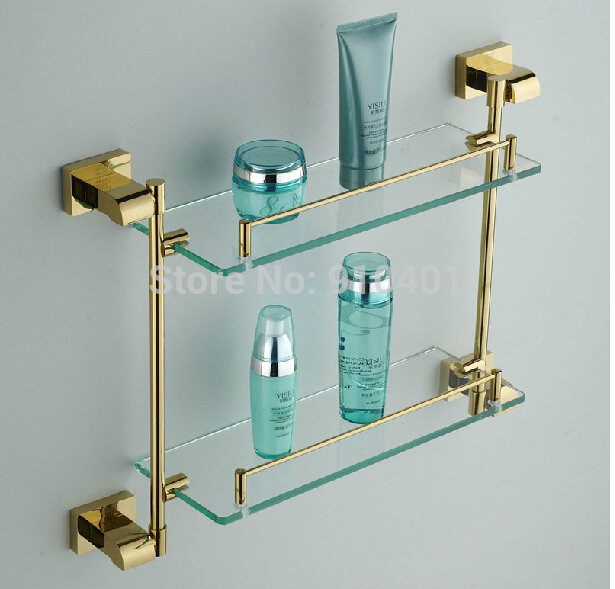Wholesale And  Retail Promotion Modern Square Golden Brass Wall Mounted Bathroom Shelf Dual Tiers Storage Holder