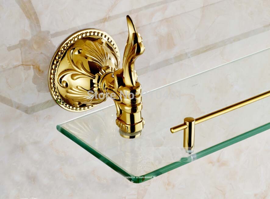 Wholesale And Retail Promotion NEW Luxury Golden Brass Embossed Art Bathroom Shelf Shower Cosmetic Glass Tier