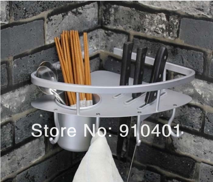 Wholesale And Retail Promotion  Wall Mounted Aluminium Kithen Accessories Shelf Corner Shelf With Hook Hangers