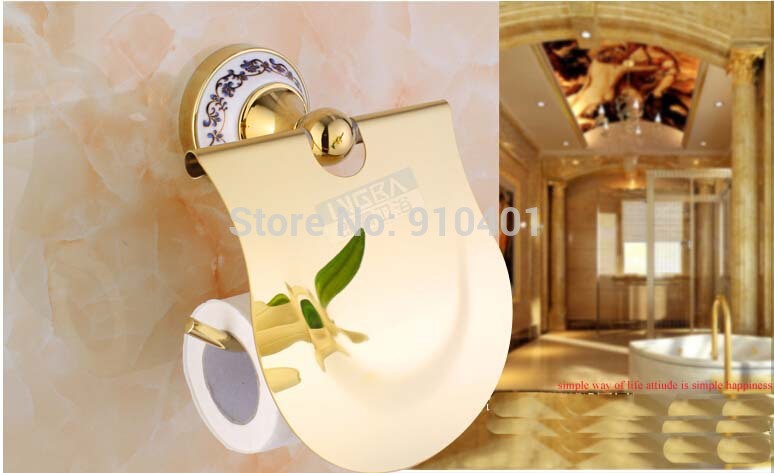  Wholesale And Retail Promotion Blue And White Porcelain Golden Bathroom Toilet Paper Holder Tissue Bar Holder