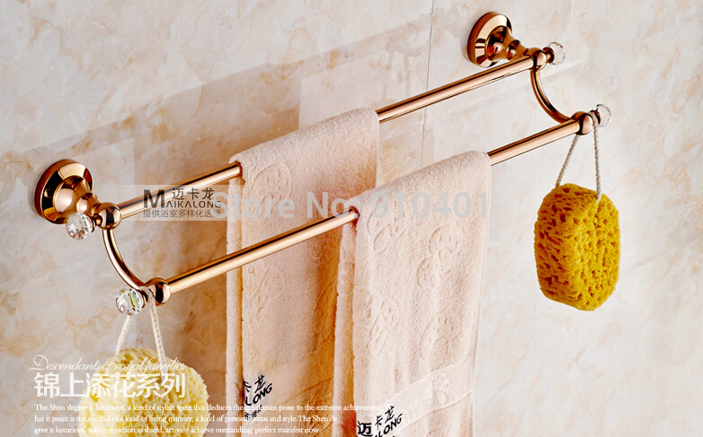 Wholesale And Retail Promotion Bathroom Rose Golden Brass Towel Rack Holder Dual Towel Hangers Crystal Hooks