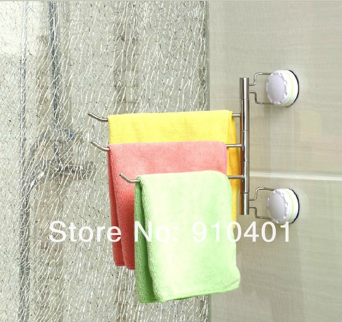 Wholesale And Retail Promotion Chrome Sucker Wall Mounted Bathroom Towel Rack Swivel 3 Towel Bars Towel Holder